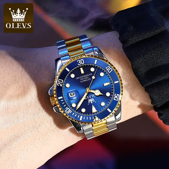Montre automatique OLEVS en acier inoxydable avec zircon lumineux pour hommes, résistante à l'eau et intemporelle pour diverses occasions