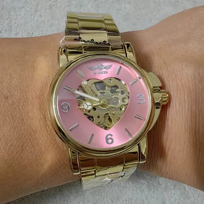 Nouvelle mode élégante rose or squelette montre automatique pour les femmes