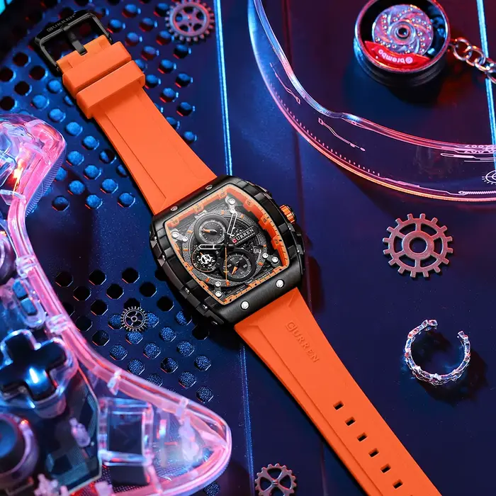 CURREN Tonneau cadran montre de Sport pour hommes mode montre-bracelet à Quartz étanche avec Date automatique bracelet en Silicone jaune lumineux