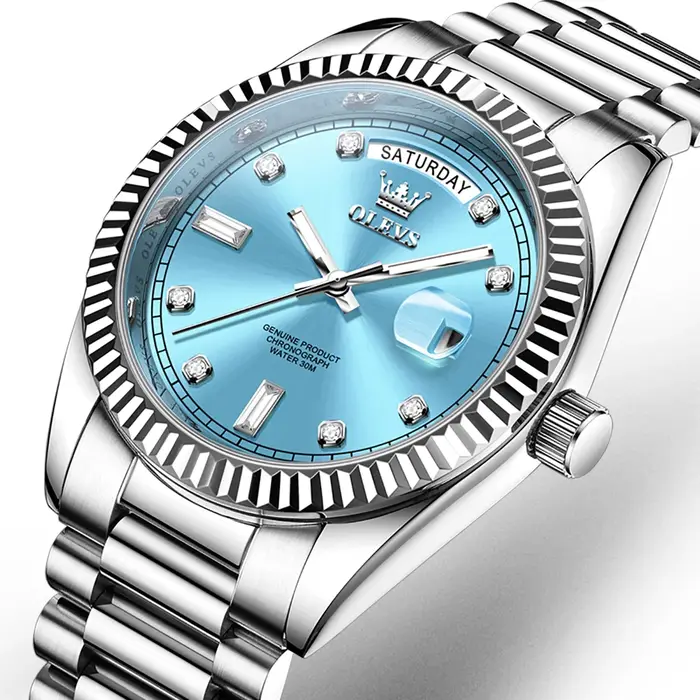 OLEVS bleu ciel hommes horloge automatique mécanique Date semaine luxe homme montre-bracelet étanche lumineux en acier