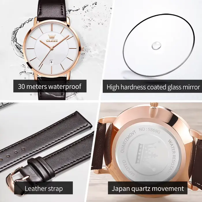Montre homme OLEVS ultra-mince quartz avec bracelet en cuir pour occasions spéciales et tous les jours