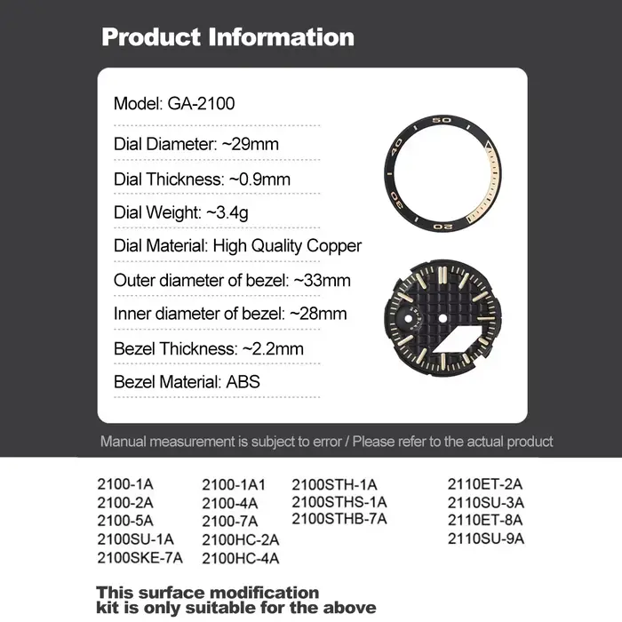 Modification de cadran pour montres GA2100 GA2110 avec aiguilles lumineuses et ensemble marqueur d'heure pour femmes et hommes occasions spéciales