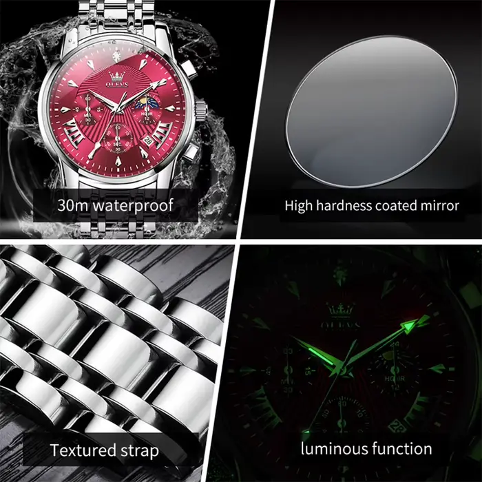OLEVS marque mode montre rouge pour hommes de luxe Sport étanche en acier inoxydable chronographe montres à Quartz
