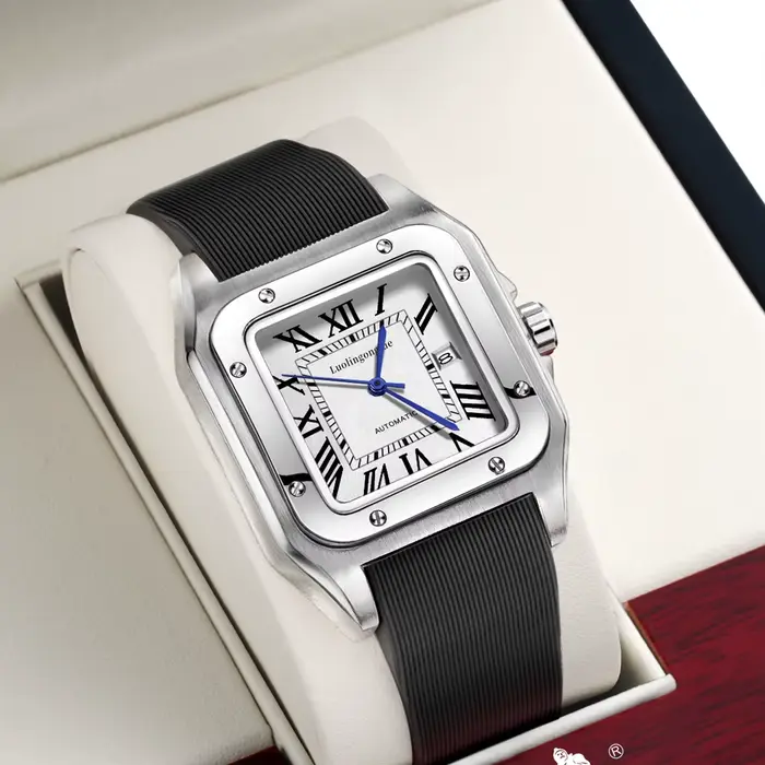 Montre mécanique homme carrée avec mouvement automatique calendrier complet résistante à l'eau pour occasions quotidiennes et professionnelles