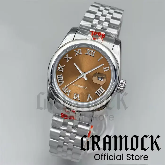 Gramock 31mm montre-bracelet mécanique NH05 pour femme cadran noir mat marque romaine argent/or ronde Beze lSteel montres pour femmes