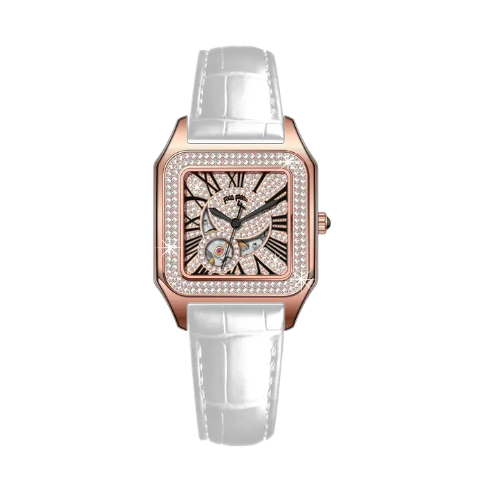 Montre habillée carrée pour femme cadran en or rose diamant chiffres romains bracelet en cuir gris montre-bracelet