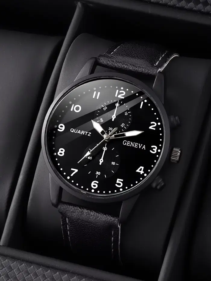 Ensemble montre à quartz en cuir PU pour homme avec portefeuille et stylo de signature