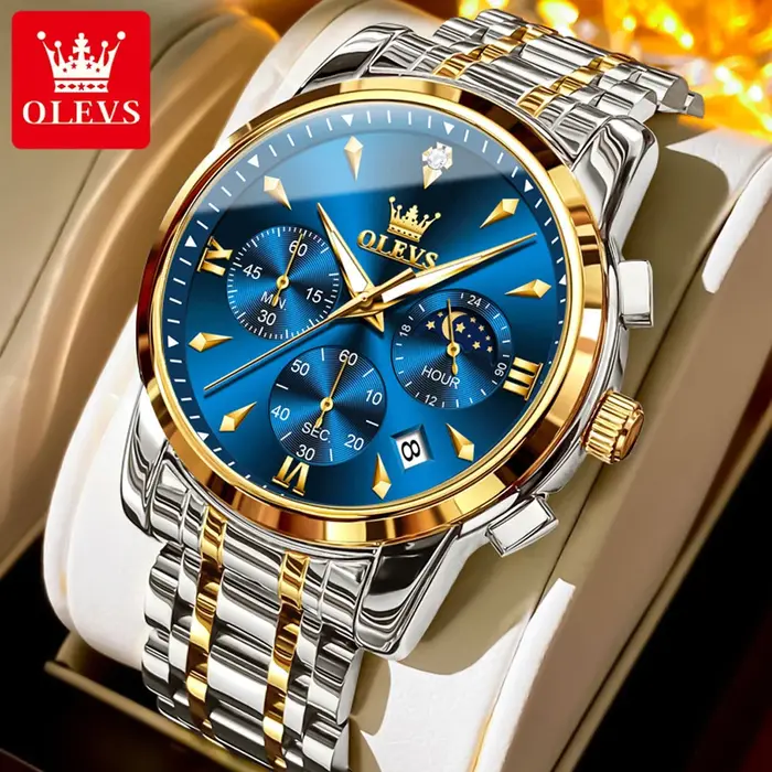 OLEVS 3639 Phase de lune Original hommes montres classique trois yeux 30m étanche lumineux chronographe Quartz montre-bracelet marque montre