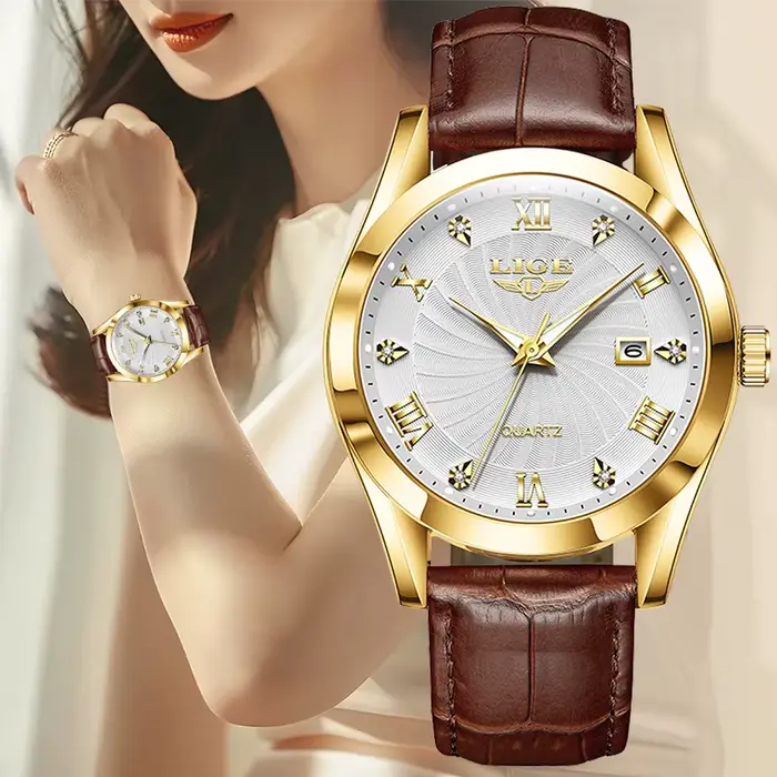 LIGE nouvelle montre à Quartz en or pour femmes mode cuir marron étanche