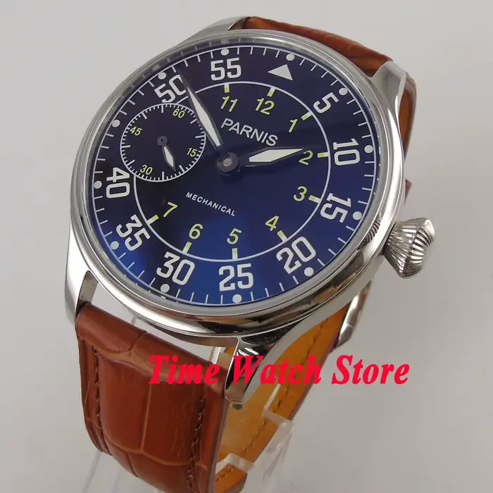 Parnis Pilot Aviator montre pour hommes classique asie 6497 mouvement à remontage manuel cadran noir blanc lumineux acier inoxydable 316L 44mm