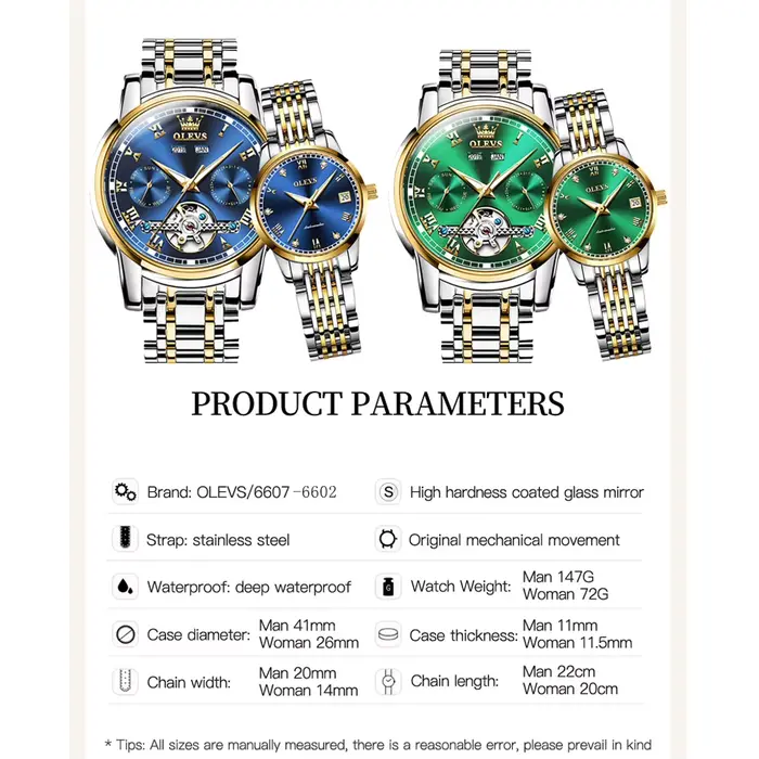Ensemble de montres OLEVS automatiques pour couple homme et femme résistante à l'eau et à l'usure style mode et casual pour différentes occasions spéciales