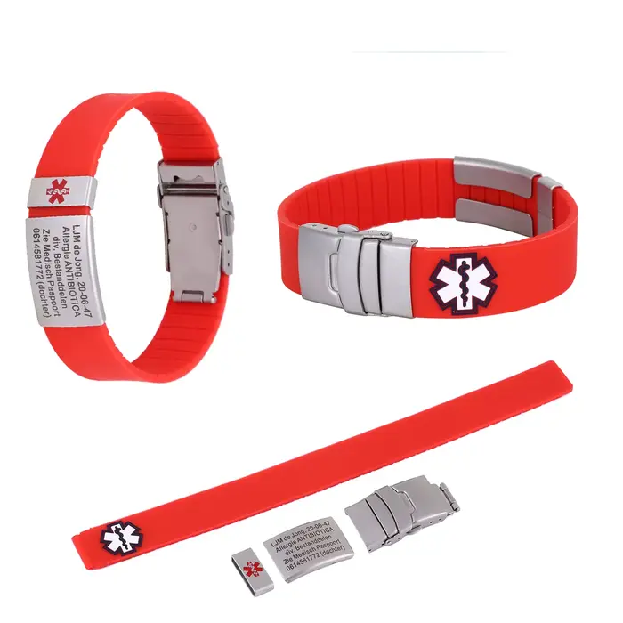 Bracelet d'alerte médicale personnalisé plaqué argent silicone ajustable pour homme femme sport sécurité urgences occasions spéciales