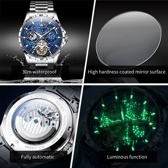 OLEVS volant squelette montre automatique pour hommes lumineux ciel étoilé étanche montre-bracelet d'affaires