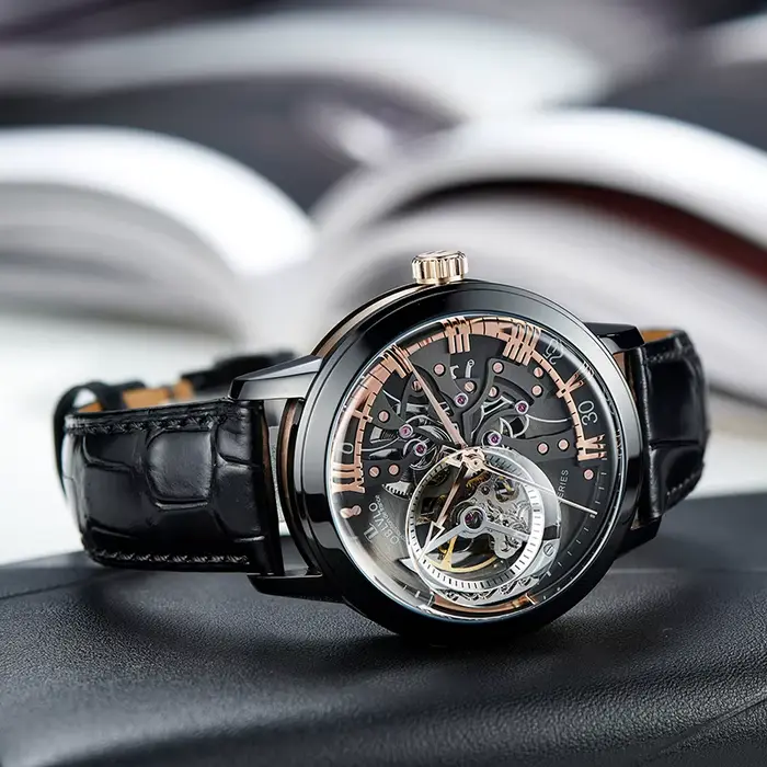 OBLVLO luxe rétro 45mm cadran squelette montres automatiques pour hommes bracelet en cuir de veau cristal minéral étanche montre mécanique VM