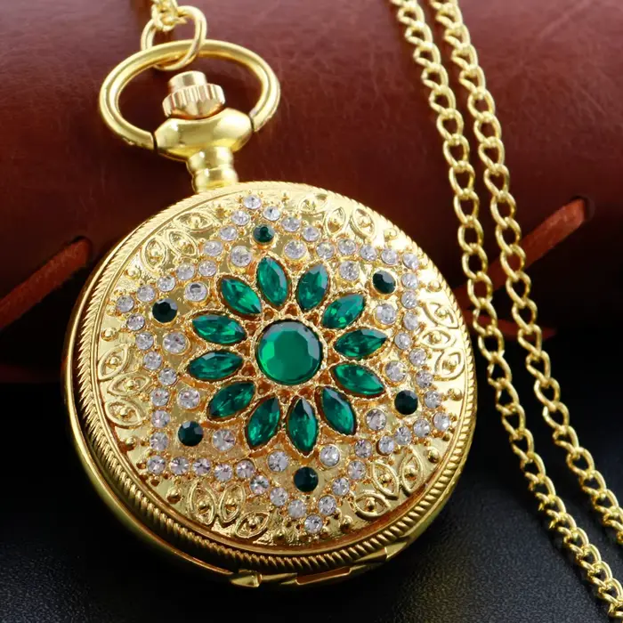 Montre de poche de luxe en or et diamant, émeraude, collier, pendentif numérique, chaîne, horloge, S