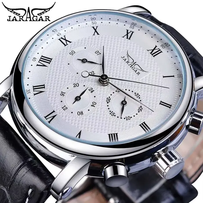 Montre mécanique automatique pour homme JARAGAR, cadran numérique romain à six aiguilles, bracelet e
