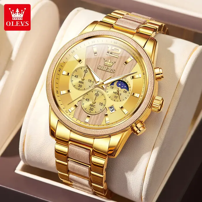 Montre-bracelet à quartz OLEVS 3645 en bois massif doré pour homme