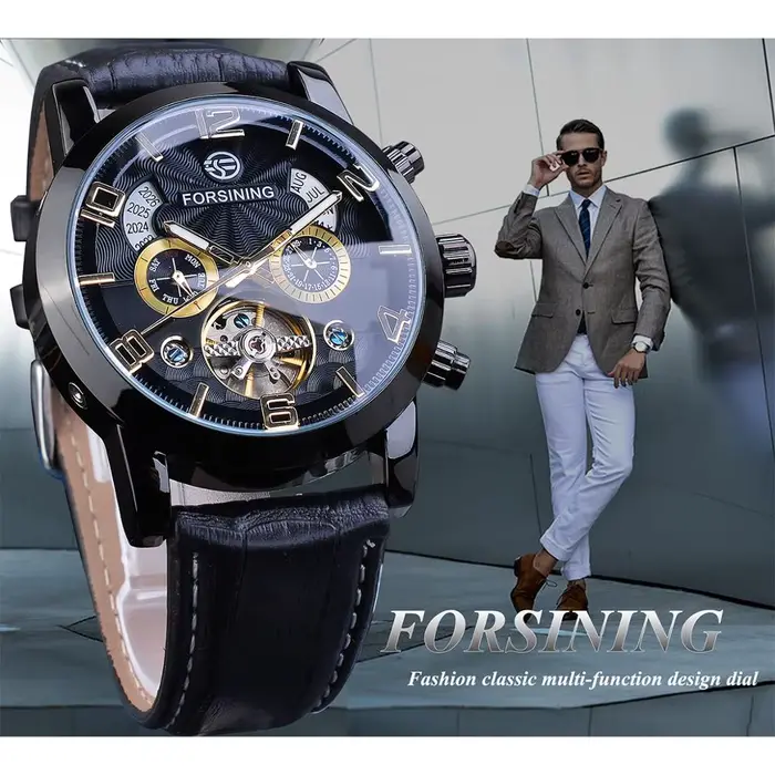 Montre mécanique FORSINING avec tourbillon multifonction pour homme, cuir élégant, boîtier en acier inoxydable, mode et décontracté, occasions spéciales