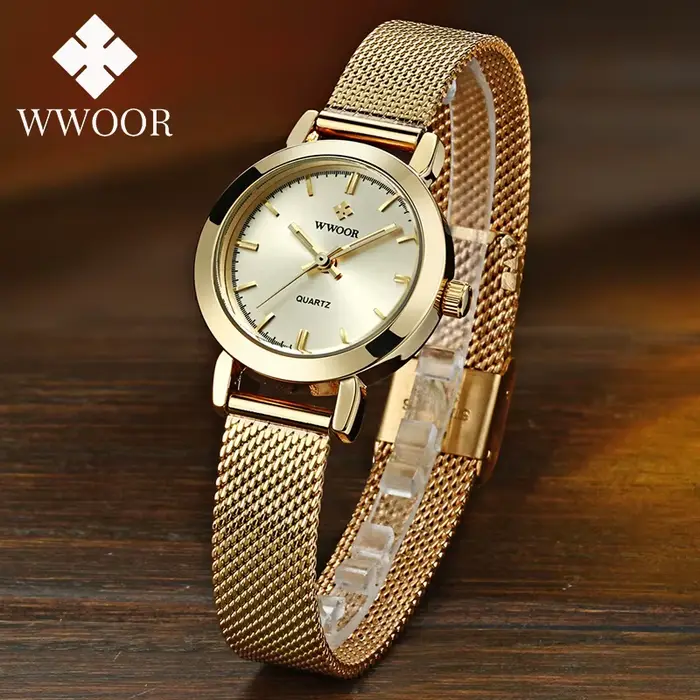 WWOOR-Montre de luxe à quartz pour femmes, étanche, simple, maille dorée