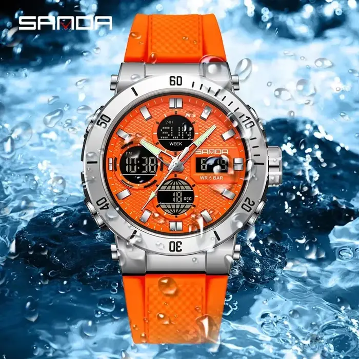 SANDA Chic Sport montre pour hommes Orange bracelet confortable luxe étanche chronographe Quartz montres numérique Date semaine horloge