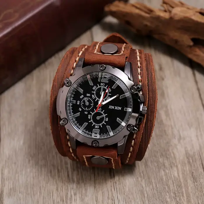 Montre à Quartz Vintage pour Hommes Grand Cadran Bracelet Cuir Occasions Spéciales