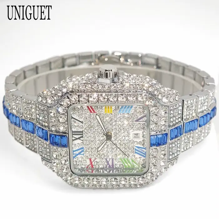 2025 marque de luxe hommes montre à Quartz mode arc-en-ciel numérique Rome cadran calendrier étanche Hip Hop diamant montre-bracelet pour homme cadeau