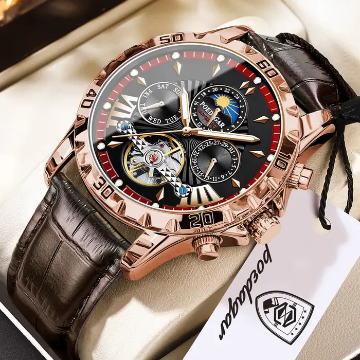 Montre automatique POEDAGAR avec tourbillon et calendrier complet pour homme, résistance à l'eau, bracelet en cuir, pour soirées et activités quotidiennes