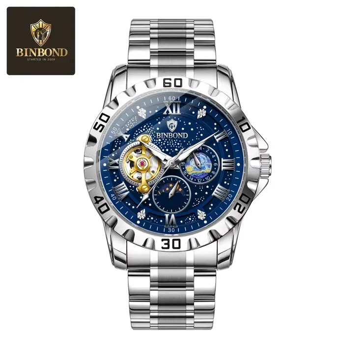 BINBOND Top luxe hommes montre mécanique automatique Phase de lune homme montre-bracelet creux Tourb