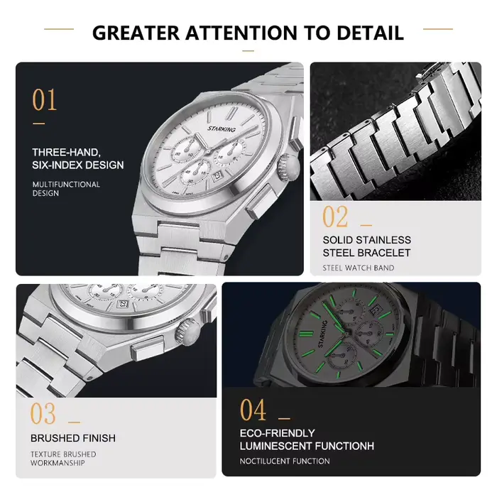 Montre STARKING en acier inoxydable résistante à l'eau avec chronomètre et calendrier complet pour homme occasions sportives et affaires