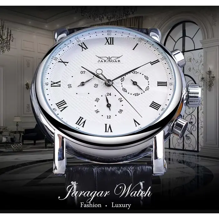JARAGAR 1166 montre mécanique automatique pour hommes Six aiguilles chiffres romains cadran bracelet en cuir véritable semaine Date montres d'affaires