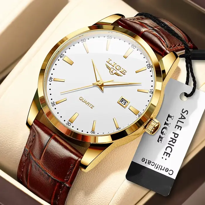 Montre LIGE en cuir marron pour homme style militaire sportive quartz résistante à l'eau avec fonction chronographe et date automatique pour toutes les occasions spéciales