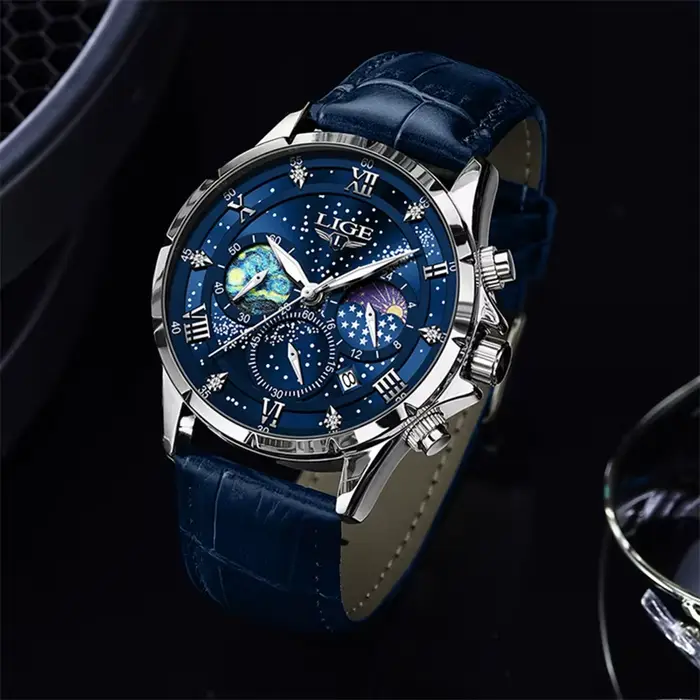 Montre classique en cuir bleu style militaire chronographe à quartz pour hommes occasions spéciales防水防震军旅风格男表
