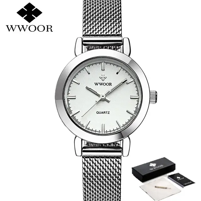 WWOOR-Montre de luxe à quartz pour femmes, étanche, simple, maille dorée