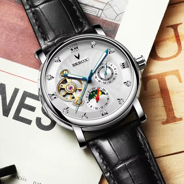 Montre SKROX Phase de lune Tourbillon Automatique à Remontage Automatique en Acier Inoxydable Cuir Pour Homme Occasions Spéciales