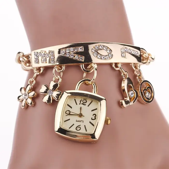 Montres pour femmes avec lettres strass incrusté chaîne Bracelet fleur pendentif montre-Bracelet dam