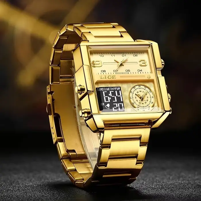 LIGE – montre à Quartz dorée pour hommes