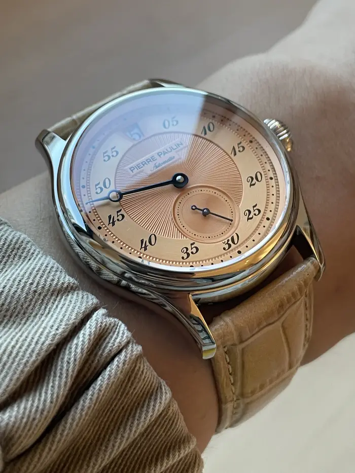 42mm PIERRE PAULIN sauter heure montre hommes saumon cadran saphir