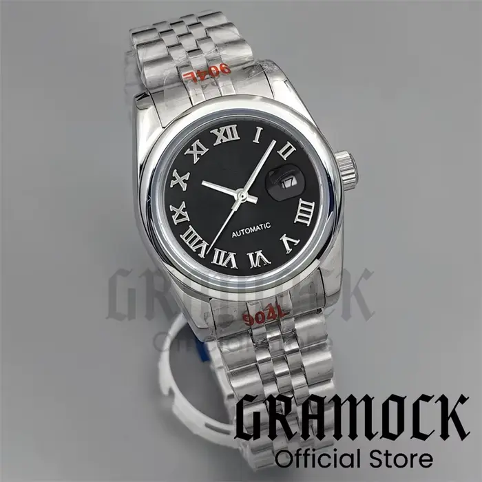 Gramock 31mm montre-bracelet mécanique NH05 pour femme cadran noir mat marque romaine argent/or ronde Beze lSteel montres pour femmes