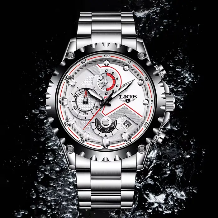 Montre LIGE en acier inoxydable avec fonction de chronomètre et résistance à l'eau pour homme, affaires, sport et occasions spéciales