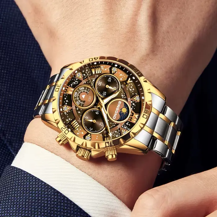 BINBOND luxe mode hommes montres multi-fonctionnel en acier inoxydable Original Quartz montre-bracelet Phase de lune chronographe étanche