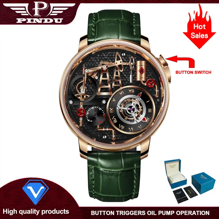 Montre PINDU à Quartz avec Pompe à Huile, Boîtier en Acier Inoxydable, Bracelet en Cuir, Étanche, Affichage Chiffre Romains, Occasions Spéciales pour Homme