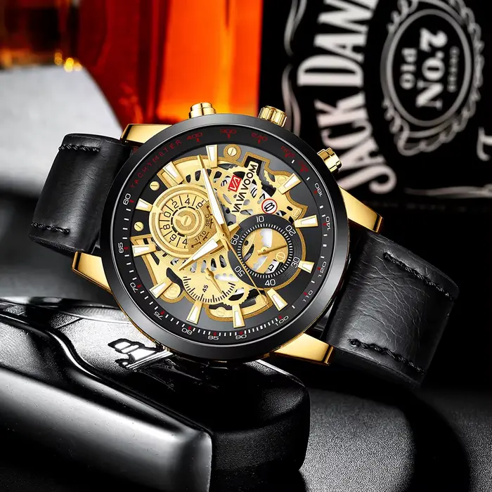 Montre VA VA VOOM en alliage avec bracelet en cuir robuste pour hommes, résistante à l'eau, anti-magnétique et dotée de calendrier complet, idéale pour les sports et les voyages