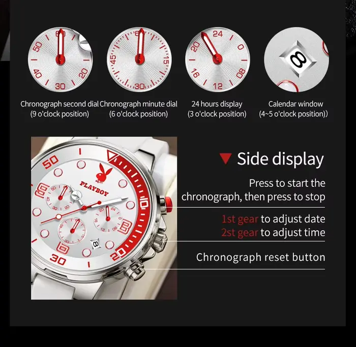 Montre Playboy homme quartz étanche chronographe bracelet silicone casual élégance sportive occasions spéciales