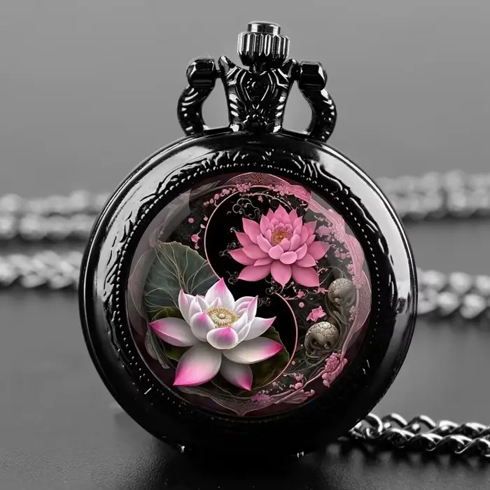 Yin-Yang Lotus Design – montre de poche à Quartz noir