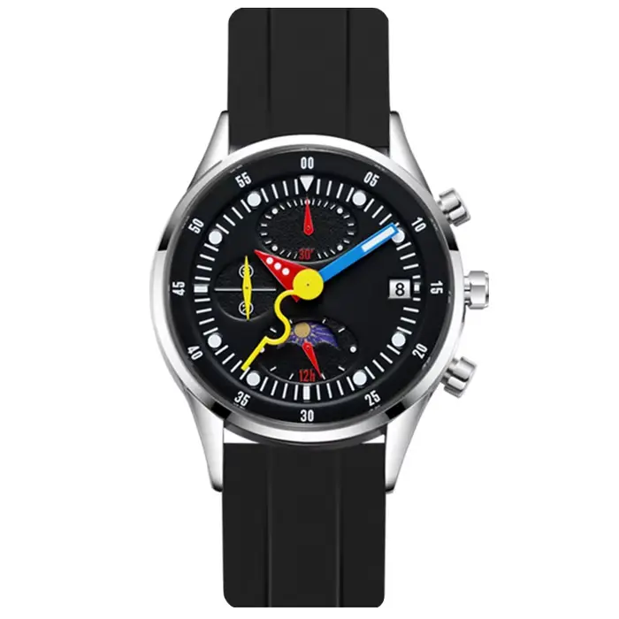 Montre à quartz multifonctionnelle pour homme avec phases lunaires et aiguilles colorées, design cré