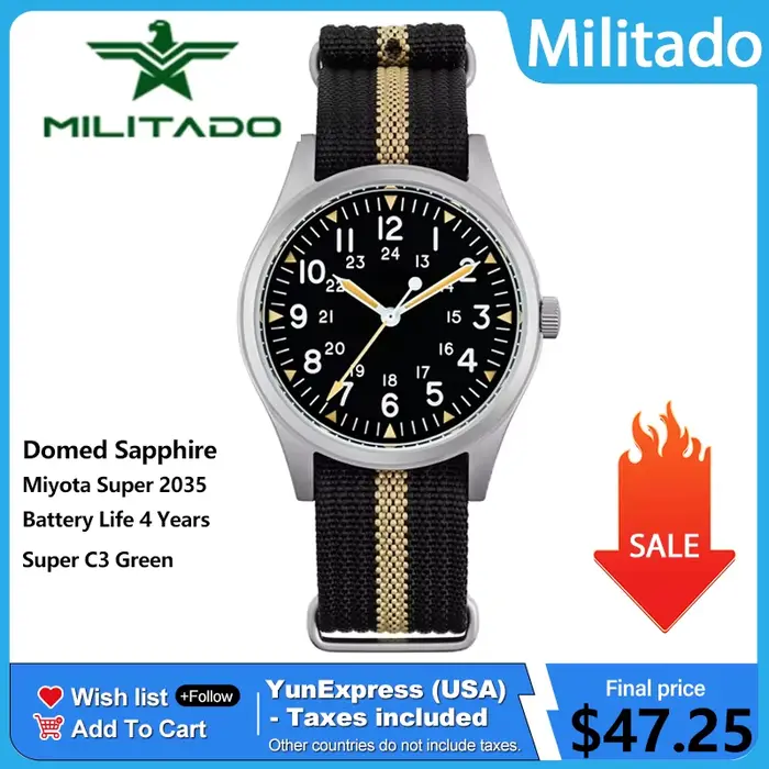 Militado ML07C Vintage 36mm montre à Quartz mis5 Super 2035 mouvement bombé saphir cristal lumineux 10Bar montres étanches