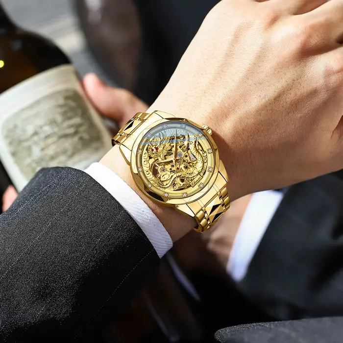 Montre automatique CHENXI 8899 avec motif dragon doré en relief 3D pour hommes, culture et art chinois, résistance à l'eau, mouvement automatique, acier inoxydable