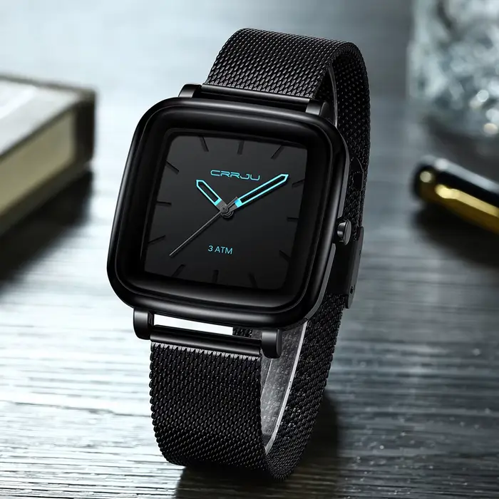 CRRJU hommes montres haut de gamme de luxe carré doré Quartz décontracté mince maille acier étanche montre Relogio Masculino