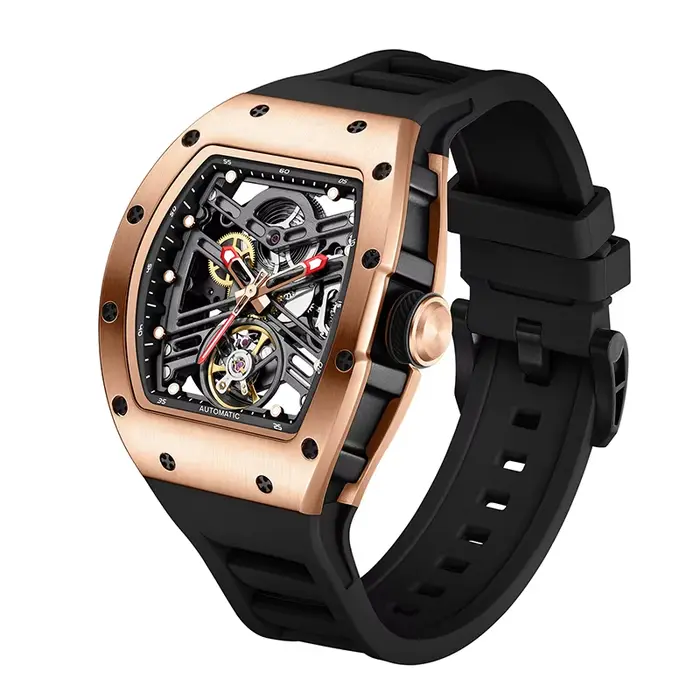 Montre mécanique automatique 2026 avec logo personnalisé, design creux Black Warrior, bracelet en ca