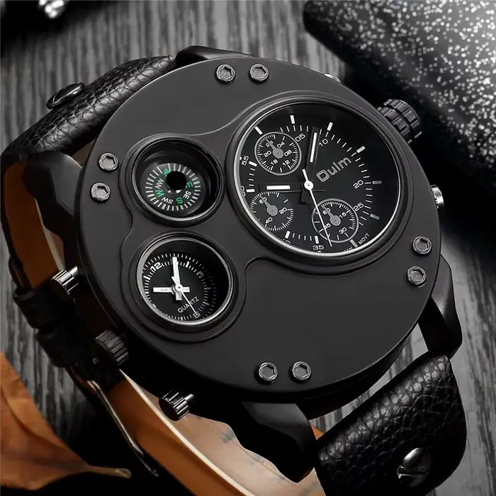 Oulm nouvelle mode Sport décontracté hommes montres en cuir noir double fuseau horaire montre-bracelet mâle Quartz grande taille luxe montre militaire